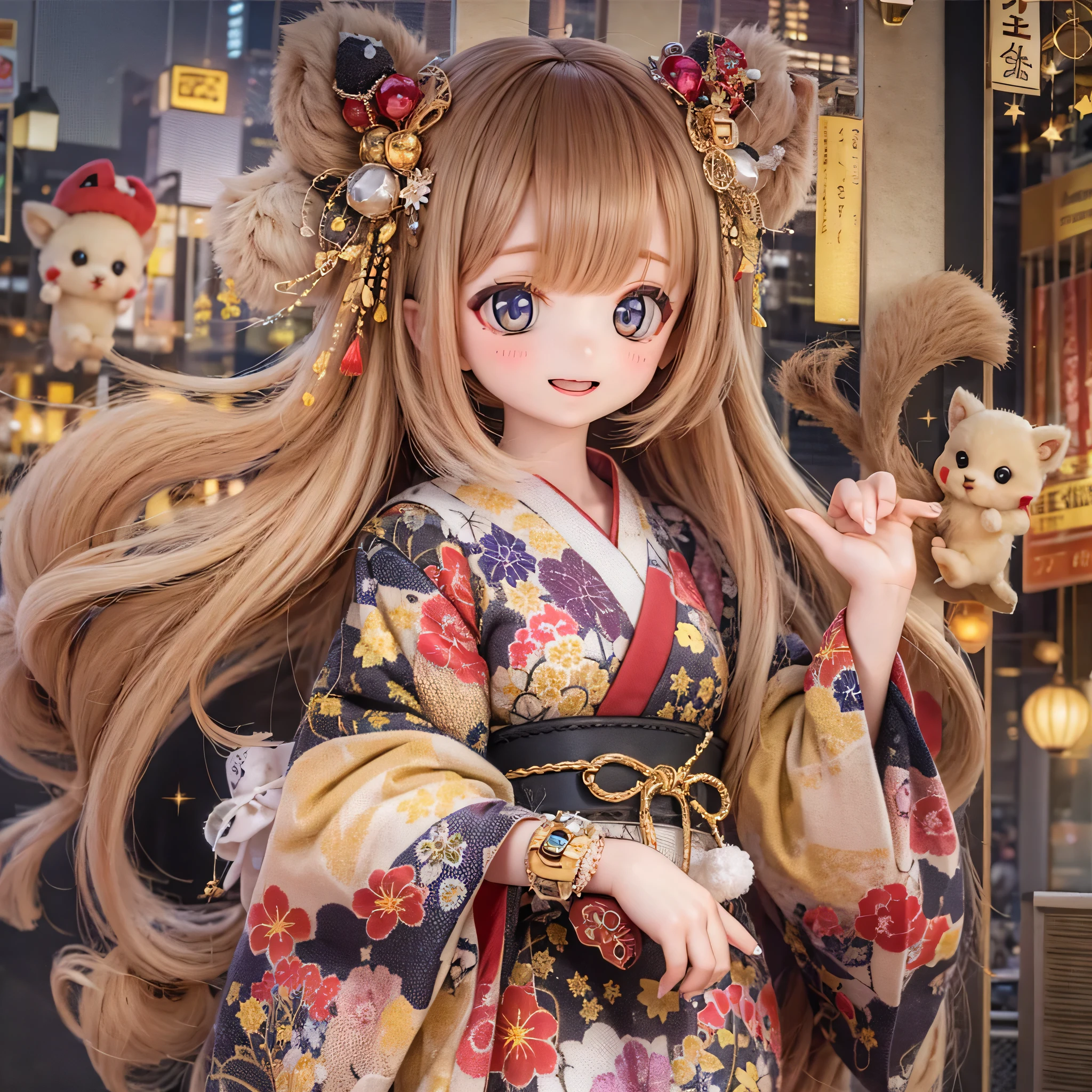 "(highest quality,Super detailed),Chibi Ermine Girl,Adorable and cute,yukata,Playful,Summer festival,smile,Expressive eyes,Soft pastel colors,Comes with cute accessories,Twinkling fireworks,Floating lanterns,Traditional Japan atmosphere"