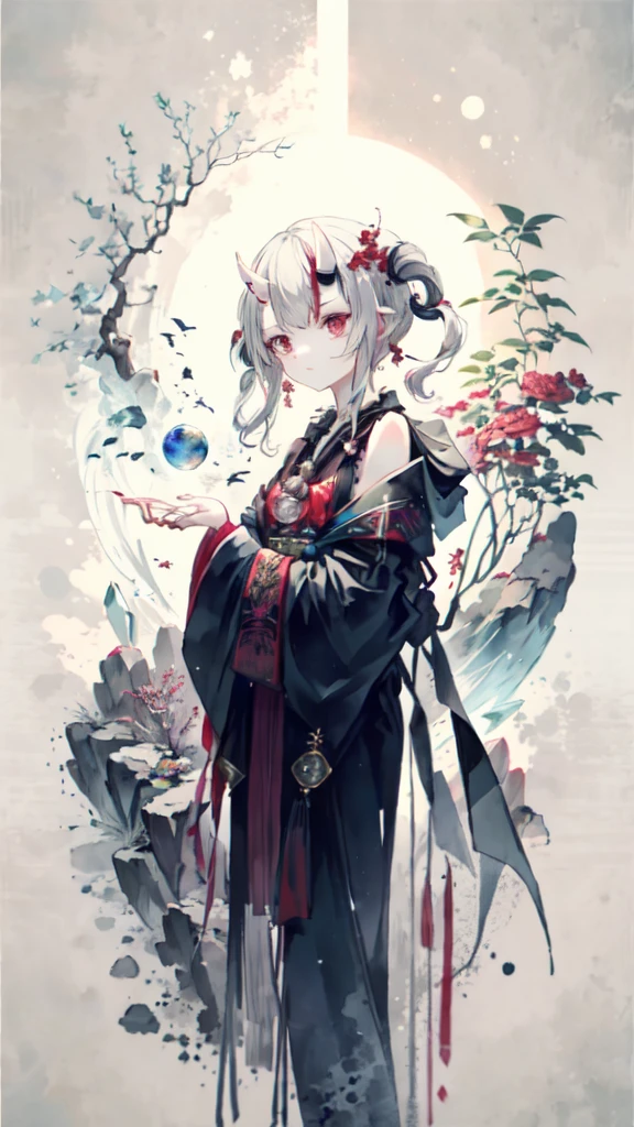 Cold shades,Girl with horns,Wearing a black robe,fortune teller,Crystal ball in the palm of your hand,Background ice,Mysterious temperament,Under the crystal ball, Only one right hand is supported,Hold a stick in your left hand, He is collecting ice elements