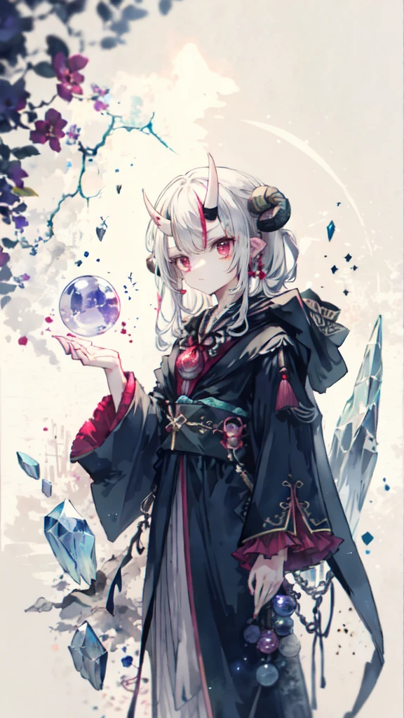 Cold shades,Girl with horns,Wearing a black robe,fortune teller,Crystal ball in the palm of your hand,Background ice,Mysterious temperament,Under the crystal ball, Only one right hand is supported,Hold a stick in your left hand, He is collecting ice elements