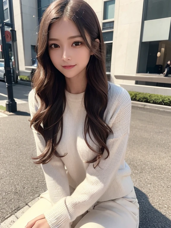 masterpiece, highest quality, High resolution,alone,Brown,artistic,Best lighting,casual,Flat Chest,Beautiful Face,expensive,smile,light makeup,Age 22,Calm woman,Detailed Hair,Woman with a big smile,Face Focus,Wavy Hair,Woman in sneakers,Very white skin,Thin eyebrows,outside,Waterfront