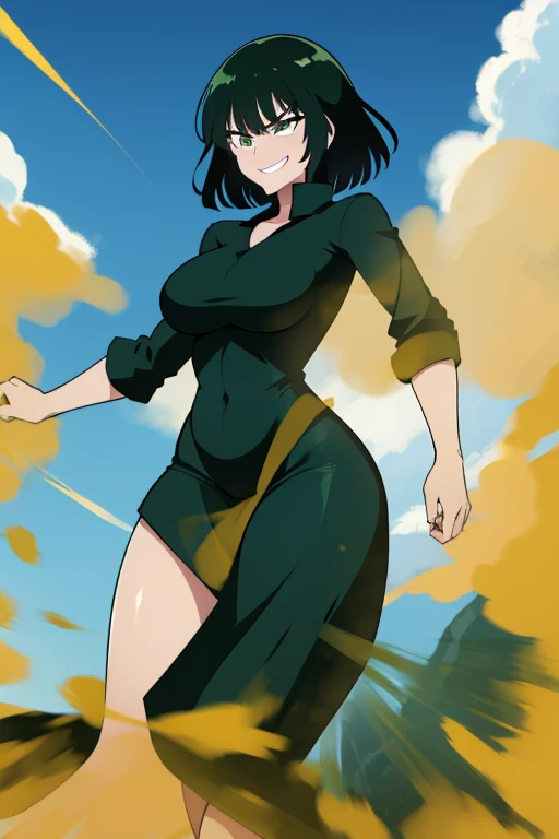 Fubuki, wearing default outfit, dark outfit, default hair, dark green hair, farting, fart, yellow fart, massive fart, velocity, yellow smoke, tall body, clenching teeth, smiling, background sky, clouds