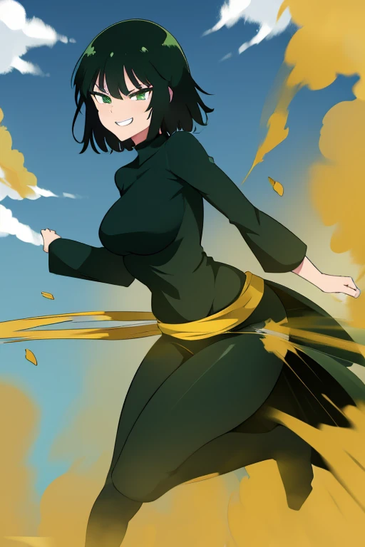 Fubuki, wearing default outfit, dark outfit, default hair, dark green hair, farting, fart, yellow fart, massive fart, velocity, yellow smoke, tall body, clenching teeth, smiling, background sky, clouds