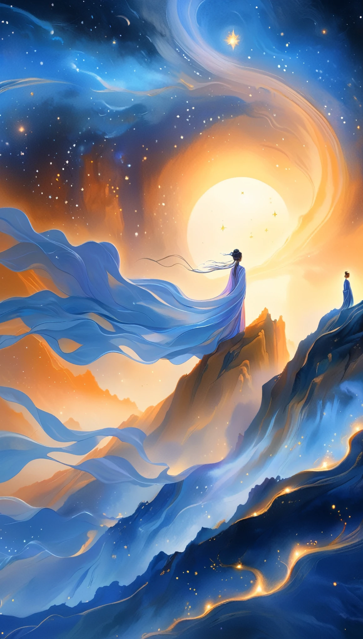 A beautiful woman stands on a cliff looking at the stars, （beautiful silhouette），Surrounded by a vortex of cosmic energy，shrouded in dreamy mist。Figure wrapped in flowing robe.，elegant，Light，Integrate with the flow of heaven and earth。The sky is a tapestry of deep purples and blues，starlight embellishment，The landscape below suggests softness、rolling mountains，Astral ethereal, fantastic numbers, ethereal essence, Ethereal fantasy, Ethereal Beauty, Digital Art Fantasy, beautiful fantasy painting, Beautiful fantasy art, stunning fantasy art, Inspired by Cyril Rolando (Cyril Rolando), Fantasy art style, Gently rotating magical energy, Fantasy Numbers, Fantasy Numbers艺术, Empty Spirit, of Ethereal fantasy，Artistic beauty，Gold lines。Tracing gold。