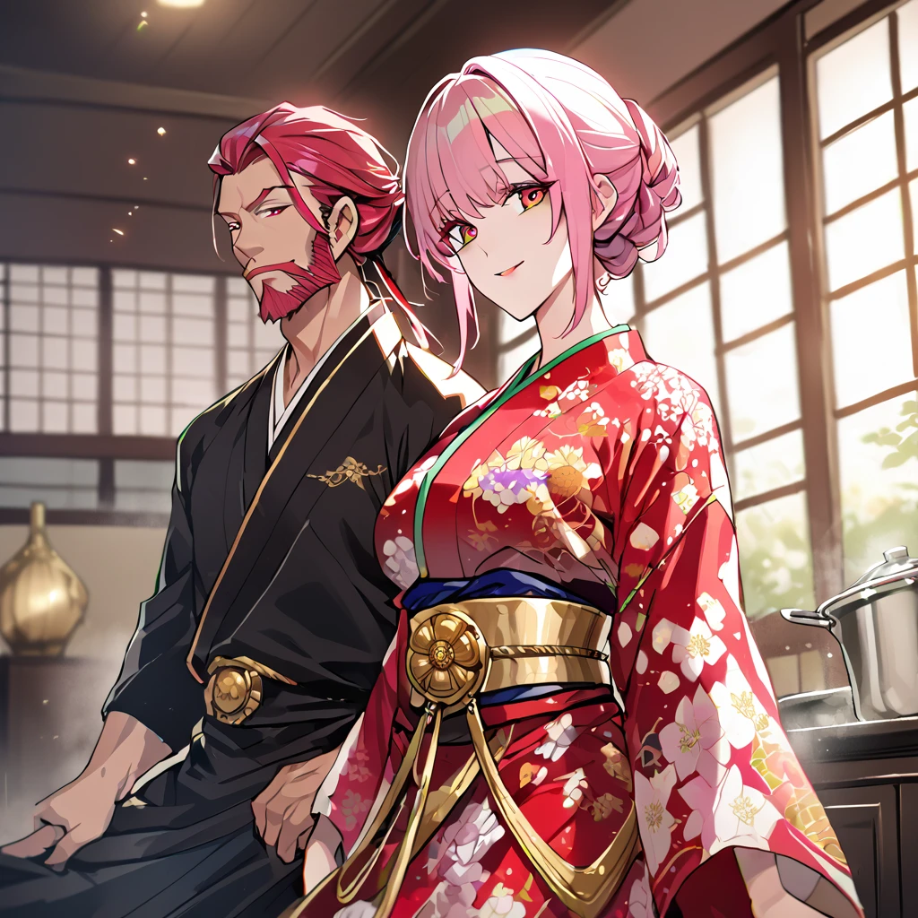 ((highest quality)), ((masterpiece)), (detailed), （Perfect Face）、（The woman is Rena, with short pink hair, tied in a Japanese hairstyle, a flashy courtesan hairstyle, a gentle smile, and is in a luxurious samurai mansion. The woman is in the kitchen of Oda Nobunaga, wearing a gorgeous and glittering courtesan robe with gorgeous, vivid colors, patterns and embroidery, a Date Hyogomage, and is dressed as a gorgeous, top-class courtesan, wearing luxurious accessories from the Edo period.）、The man and woman are close together, the husband is 60 and the wife is 20.、The man is Oda Nobunaga, a dignified man with a beard, wearing a formal crested hakama.