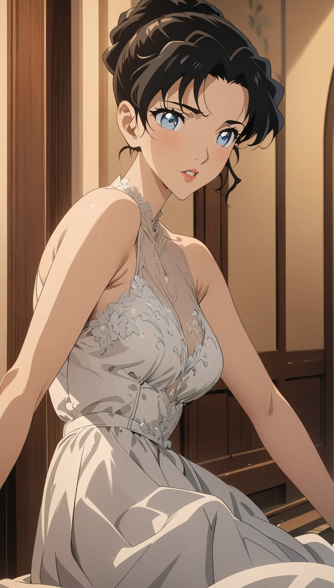 (best quality, High resolution, masterpiece:1.2), black hair, Beautiful woman, delicate eyes, Detailed lips, Dress, Single picture, Anime style