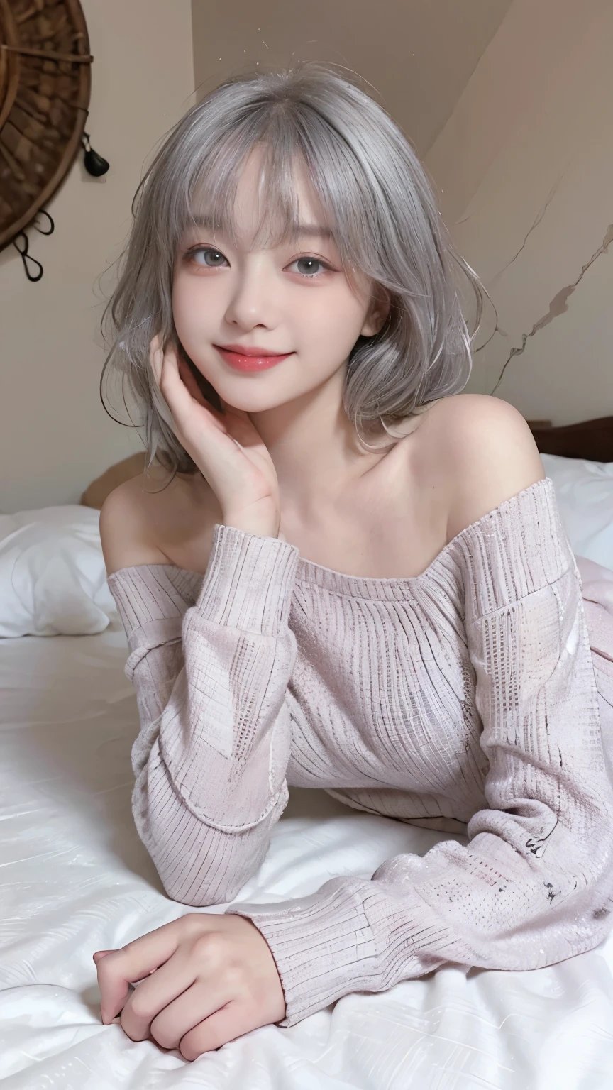 Best image quality、Raw photo、超A high resolution、21 year old Korean、、Dynamic Angle、Cowboy Shot、Chaos in its most beautiful form、elegant、Brutalist Design、Beautiful gray hair、Vibrant colors、Short Bob、smile、fun、smile、Glowing White Skin、Beautiful eyes with random colors、Very thin lips、Beautiful eyes in every detail、Long, narrow eyes、Pale pink blush、Long eyelashes、Beautiful double eyelids、eye shadow、Bright white hair、bed、large summer sweater、lie down、Full body shot、Full body shotする