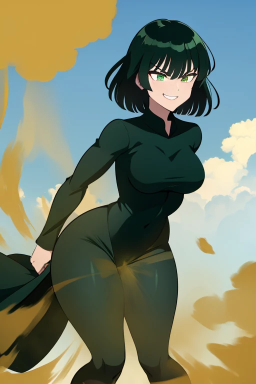 Fubuki, wearing default outfit, dark outfit, default hair, dark green hair, farting, fart, yellow fart, massive fart, velocity, yellow smoke, tall body, bending forward, leaning, clenching teeth, smiling, background sky, clouds