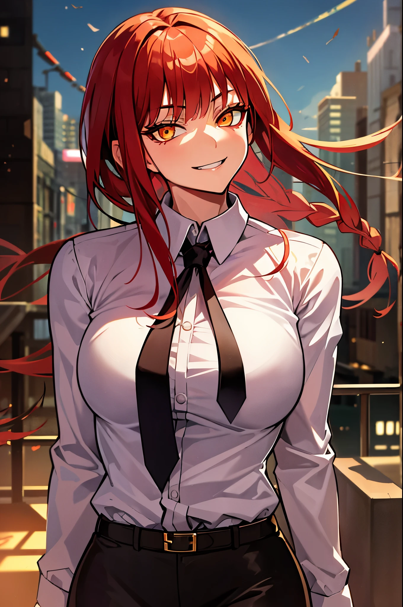 makima \(chainsaw man\), best quality, ultra detailed, 1girl, solo, standing, red hair, long braided hair, golden eyes, bangs, medium breasts, white shirt, necktie, stare, smile, (sadistic evil smirk), looking at viewer, (interview:1.3), (city background)