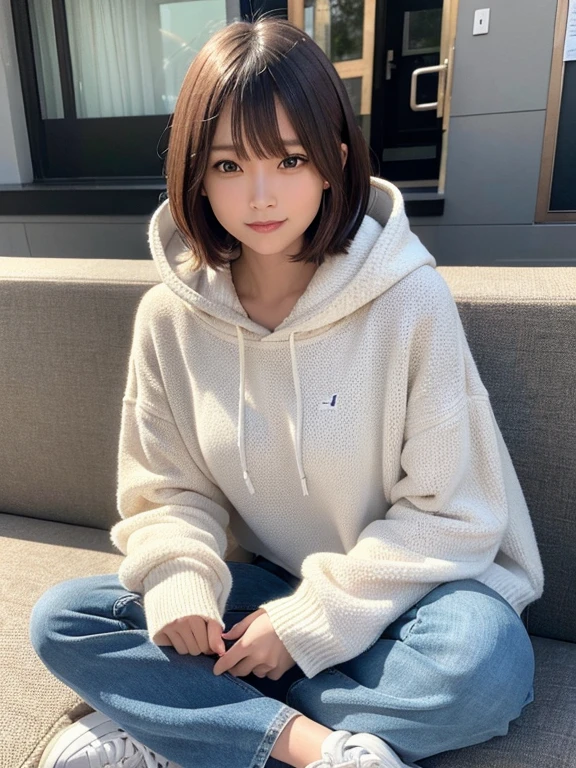 masterpiece, highest quality, High resolution,alone,Brown,artistic,Best lighting,casual,Flat Chest,Beautiful Face,expensive,smile,light makeup,Age 22,Calm woman,Detailed Hair,Woman with a big smile,Face Focus,Bob Cut Hair,Woman in sneakers,Very white skin,Thin eyebrows,outside,Waterfront,Woman wearing a hoodie
