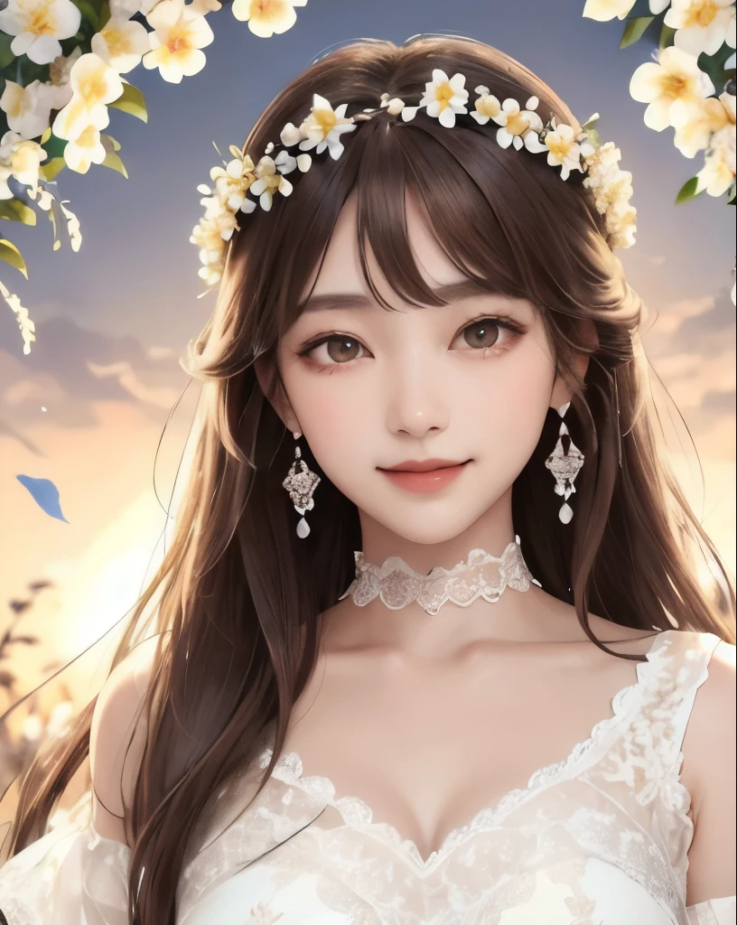 highest quality、masterpiece、
vivid、beautiful girl、1 person、Wide double eyelids、Upper Body、Big eyes、Sepia eyes、Japanese、Long Hair、Brown Hair、((White lace dress、organdy))、Princess、princess、clear、choker、Earrings、Flower Field、sun、Daytime、bright、vivid、Flower crown、Natural smile