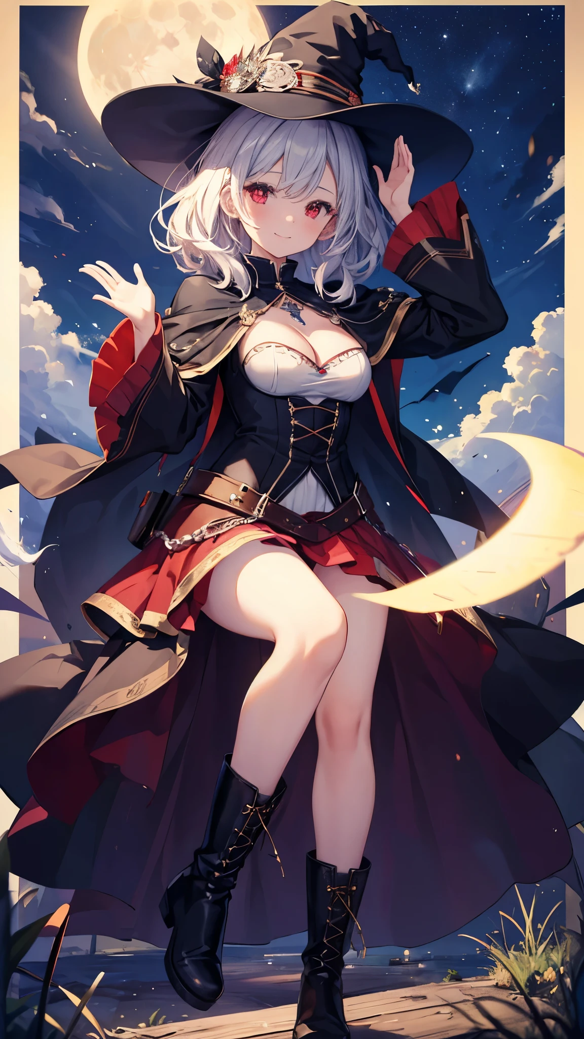 masterpiece, highest quality, One girl, alone, night sky, Outdoor, moon, performer, cloud, Wind, Medium Hair, boots, witch, smile, Red eyes, Raise the hand, Cleavage, wood, night,