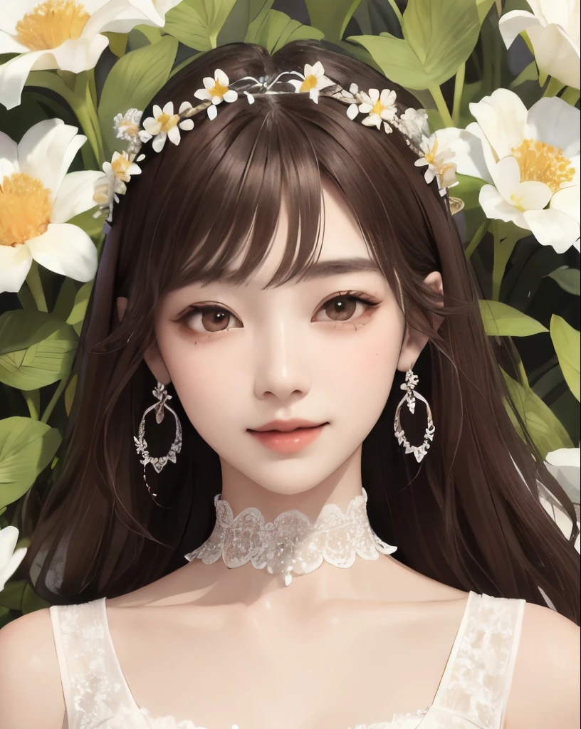highest quality、masterpiece、
vivid、beautiful girl、1 person、Wide double eyelids、Upper Body、Big eyes、Sepia eyes、Japanese、Long Hair、Brown Hair、((White lace dress、organdy))、Princess、princess、clear、choker、Earrings、Flower Field、sun、Daytime、bright、vivid、Flower crown、Natural smile
