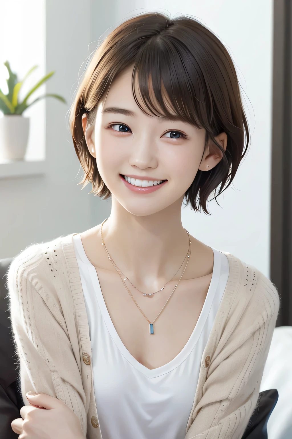 205 ((short hair)), 20-year-old female, In underwear、cardigan、Open your mouth、smile、Beautiful teeth alignment、Black Hair、ear piercing、Necklace around the neck、Looking into the camera, Waiting for the start