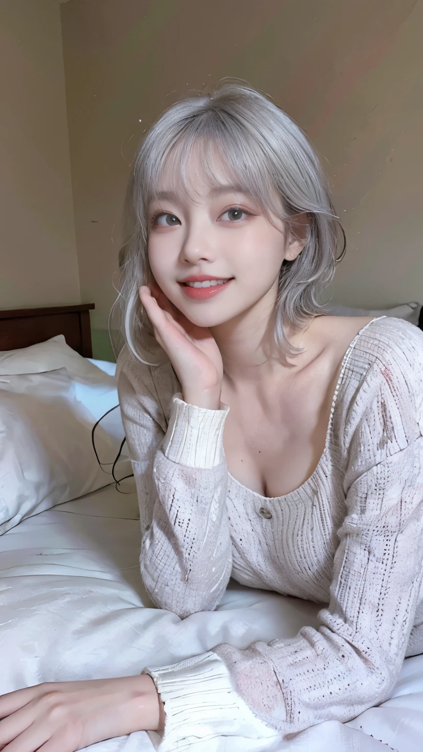 Best image quality、Raw photo、超A high resolution、21 year old Korean、、Dynamic Angle、Cowboy Shot、Chaos in its most beautiful form、elegant、Brutalist Design、Beautiful gray hair、Vibrant colors、Short Bob、smile、fun、smile、Glowing White Skin、Beautiful eyes with random colors、Very thin lips、Beautiful eyes in every detail、Long, narrow eyes、Pale pink blush、Long eyelashes、Beautiful double eyelids、eye shadow、Bright white hair、bed、large summer sweater、lie down、Full body shot、Full body shotする