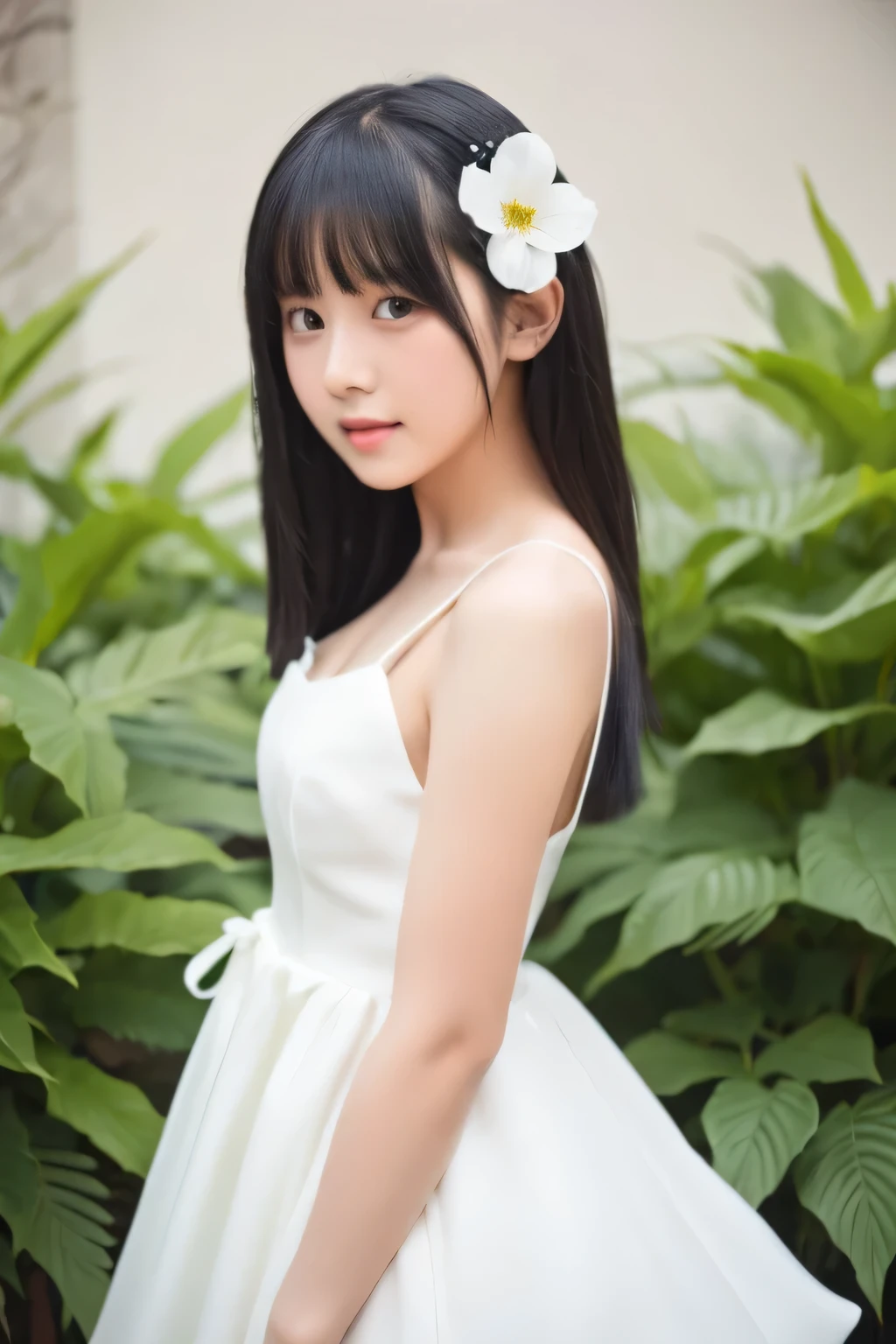 One beautiful girl,Black Hair,Gaze Here,White dress,With a single flower,