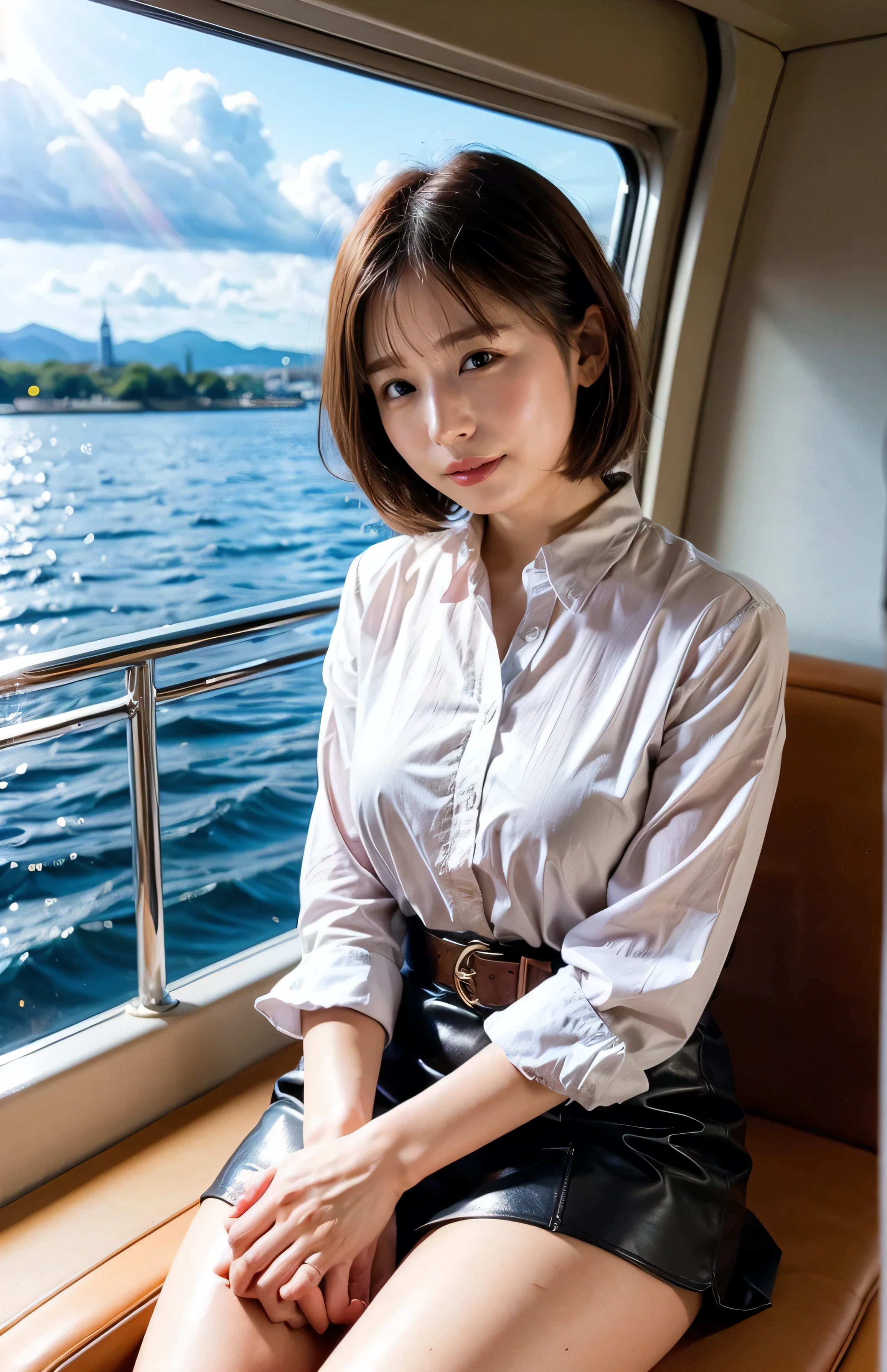 The sky turns red、Woman standing on a boat、Light brown hair、Elegant hairstyle、Blue Eyed Woman、A woman with a cute upward gaze、When the sky gets dark、The gentle lights of the ship shine、The sky turns red as the sun sets、Tight clothing that shows your body lines、、A classy white blouse or white collared shirt、The first button of her blouse is lewdly open、Genuine Leather Belt、革のShort skirt、Dress elegantly着こなす、Luxury Bags、、((Medium Short Hair:1.4))、Skyscrapers seen across the sea、Manhattan 私sland is visible offshore、Woman on a sightseeing boat、、The sun shines on her、Light brown hair、Light brown hair、The sky was dyed red、There are clouds、私t's cute、An elegantly dressed woman is sitting on a boat and watching the sunset、Her ample breasts are obvious even through her clothes..、The shining sun is so beautiful、Dusk is approaching、Lens flare、私 can see the sun setting、((Sunlight reflecting off the ocean、Ocean View、The sun shines on the ocean、'beautiful.、Small earrings、私t'evening、Birds are also flying、、Brown Hair Color、Tying up hair、The woman is on the right:1.4))、Luxury Leather Belts、Shiny clothes、Light beige hair color、Background Blur、Braid only the front hair、Light brown hair、{{Cowgirl Shot}}、((Close-up shot from the waist up、Ample breasts:1.4))、Smile、Silk clothing、Ample breasts that can be seen even through clothes、Braid only the front hair、Cowboy Shot、Gorgeous white collared silk shirt and brown skirt、Dress elegantly、Luxury Bags、A lovely smile、((Ample breasts))、Full body photo、ring、Short skirt、Tuck your hair behind one ear、Silver Necklace、smile、 Elegant ponytail、Caustics、Highly detailed photos、Very beautiful and ideal short hair、Super no makeup、(8k、RAW Photos、highest quality、masterpiece:1.2)、(Realistic、Realistic)、1 girl、((Medium Short Hair、Looking into the camera:1.4))、Hair blowing in the wind