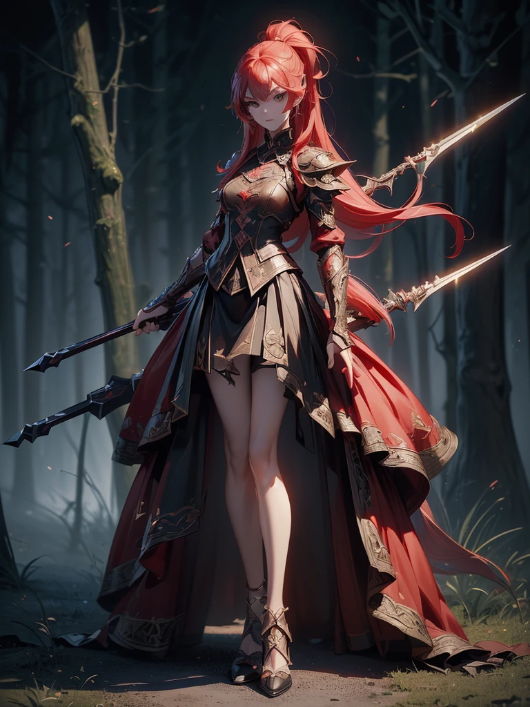 (((masterpiece, best quality, high detailed, 8k))) Design a layout showcase Gaming character, (1girl). Red|Black clothes, stylish and unique. ((showcase weapon:1.4)), enchanted sword. (masterpiece:1.2), (best quality), 4k, ultra-detailed. (Step by step design, layout art:1.5), (luminous lighting, atmospheric lighting). warrior, ((glove full hands)), (((revealing clothes:1.3))), vambraces, armored legwear, (((full_body_shot:1.4))). {In a mystical forest}.(((3d render, zbrush)))