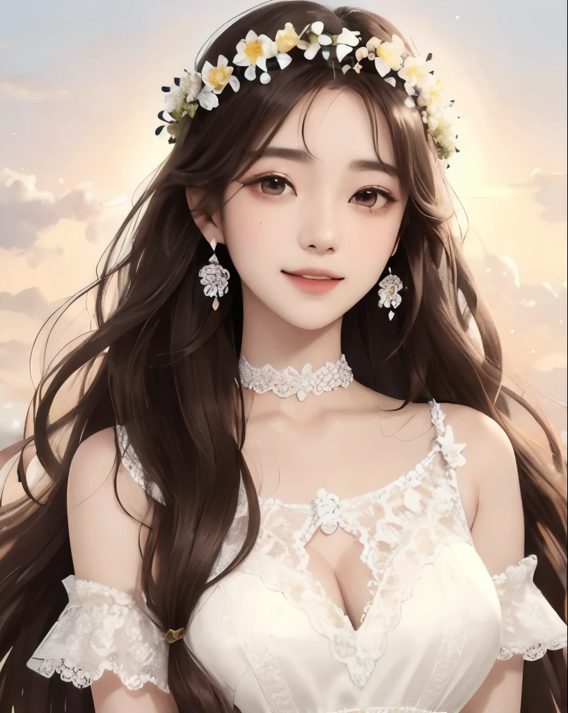 highest quality、masterpiece、
vivid、beautiful girl、1 person、Wide double eyelids、Upper Body、Big eyes、Sepia eyes、Japanese、Long Hair、Brown Hair、((White lace dress、organdy))、Princess、princess、clear、choker、Earrings、Flower Field、sun、Daytime、bright、vivid、Flower crown、Natural smile