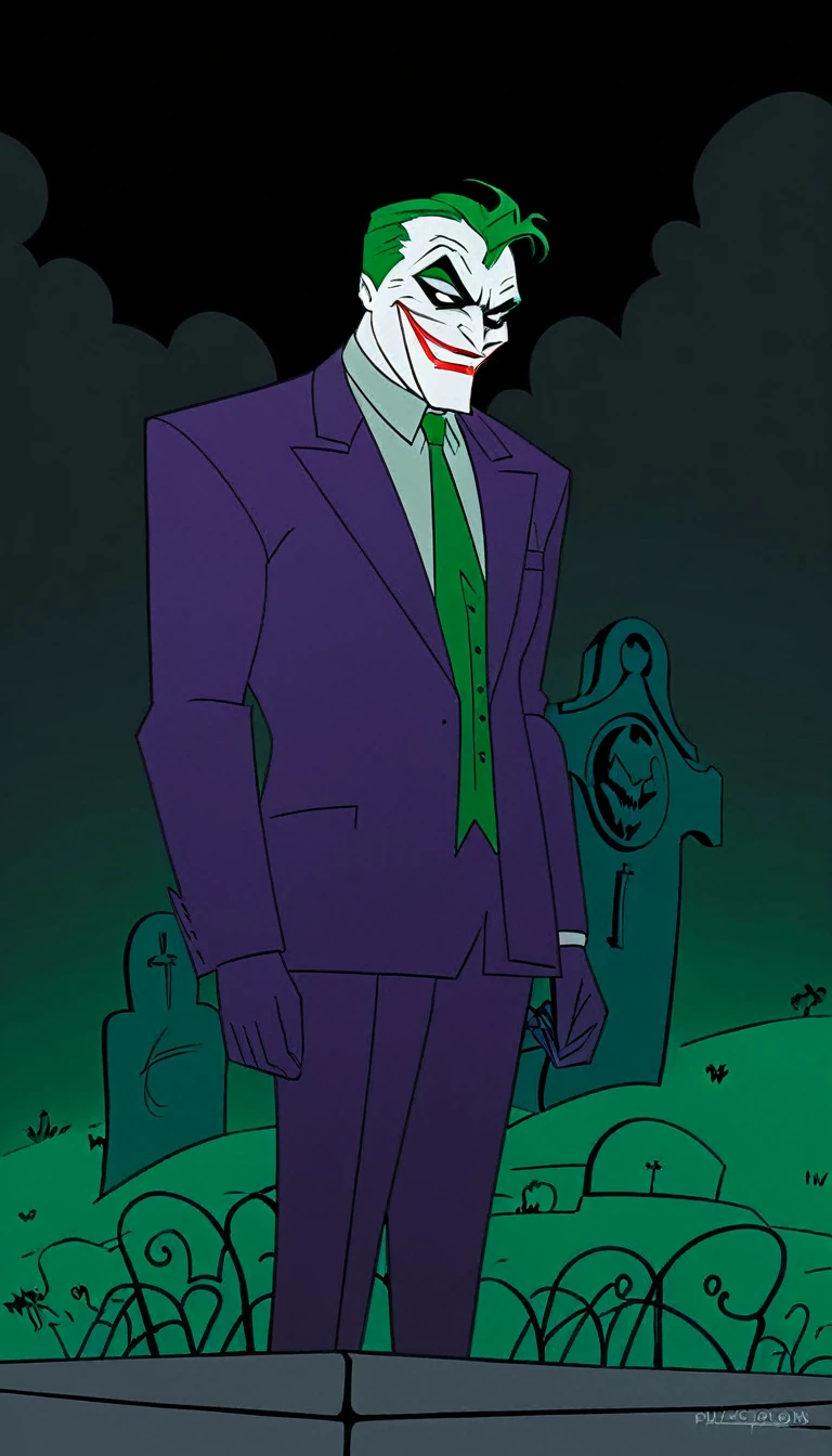 90s cartoon, batman animated series, joker, cartoon style, dark, simple line drawing, simple colors, portrait,moody lighting,dramatic shadows,minimalist graveyard background,bold colors,limited color palette,flat shading,comic-book aesthetic