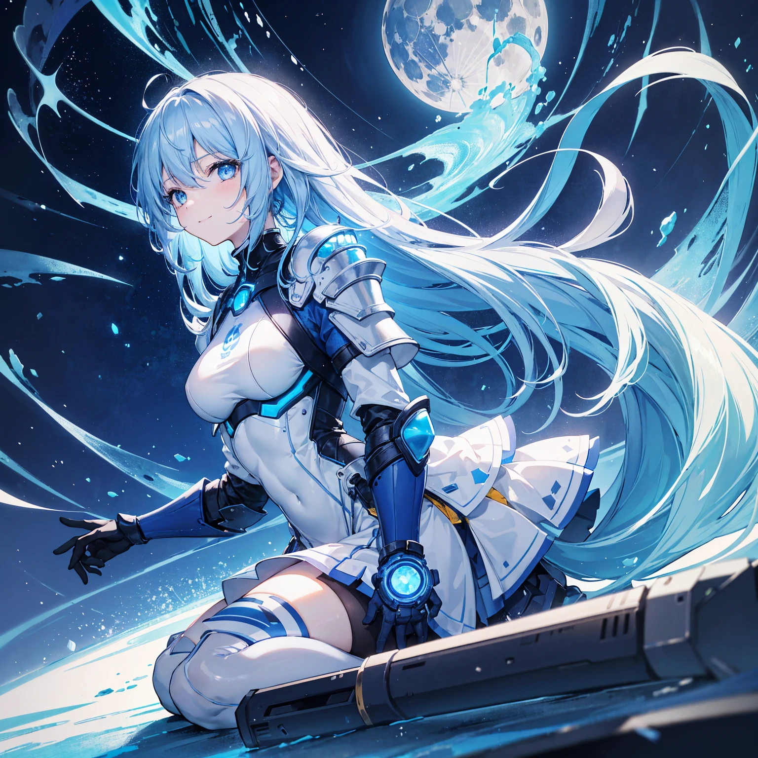 8k, highest quality, (real:1.4), Original photo, 1 girl, Asari Hair, Biological Amplifier, refined armor, posture: Peace talks between warring factions, smart blue eyes,A modest smile、Knee-high boots、Blue big moon and blue light swirl in the background、Blue light from behind、blue light magic