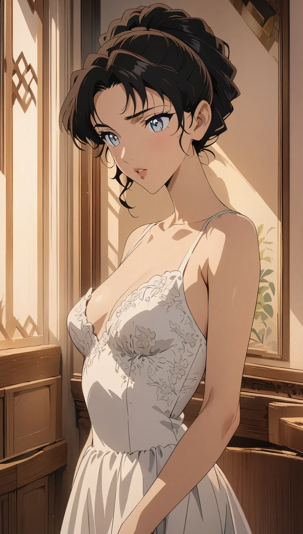 (best quality, High resolution, masterpiece:1.2), black hair, Beautiful woman, delicate eyes, Detailed lips, Dress, Single picture, Anime style
