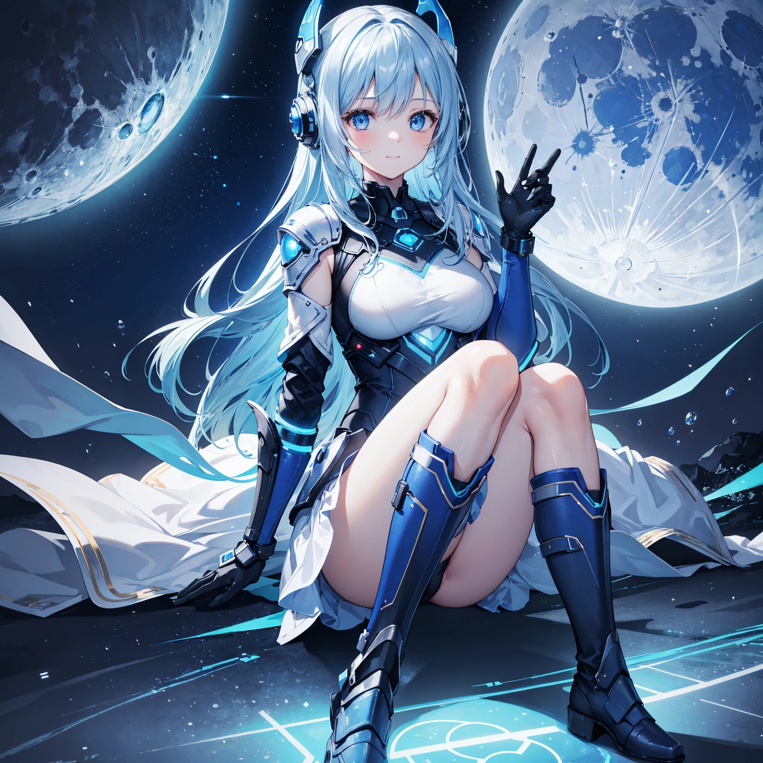 8k, highest quality, (real:1.4), Original photo, 1 girl, Asari Hair, Biological Amplifier, refined armor, posture: Peace talks between warring factions, smart blue eyes,A modest smile、Knee-high boots、Blue big moon and blue light swirl in the background、Blue light from behind、blue light magic