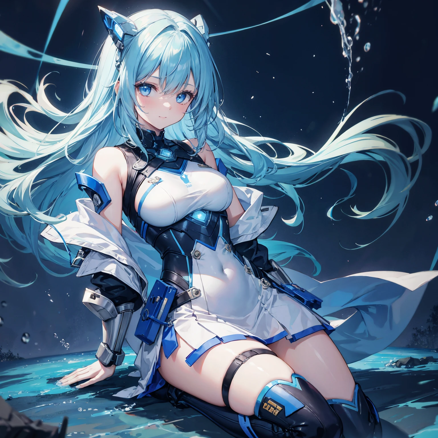 8k, highest quality, (real:1.4), Original photo, 1 girl, Asari Hair, Biological Amplifier, refined armor, posture: Peace talks between warring factions, smart blue eyes,A modest smile、Knee-high boots、Blue big moon and blue light swirl in the background、Blue light from behind、blue light magic