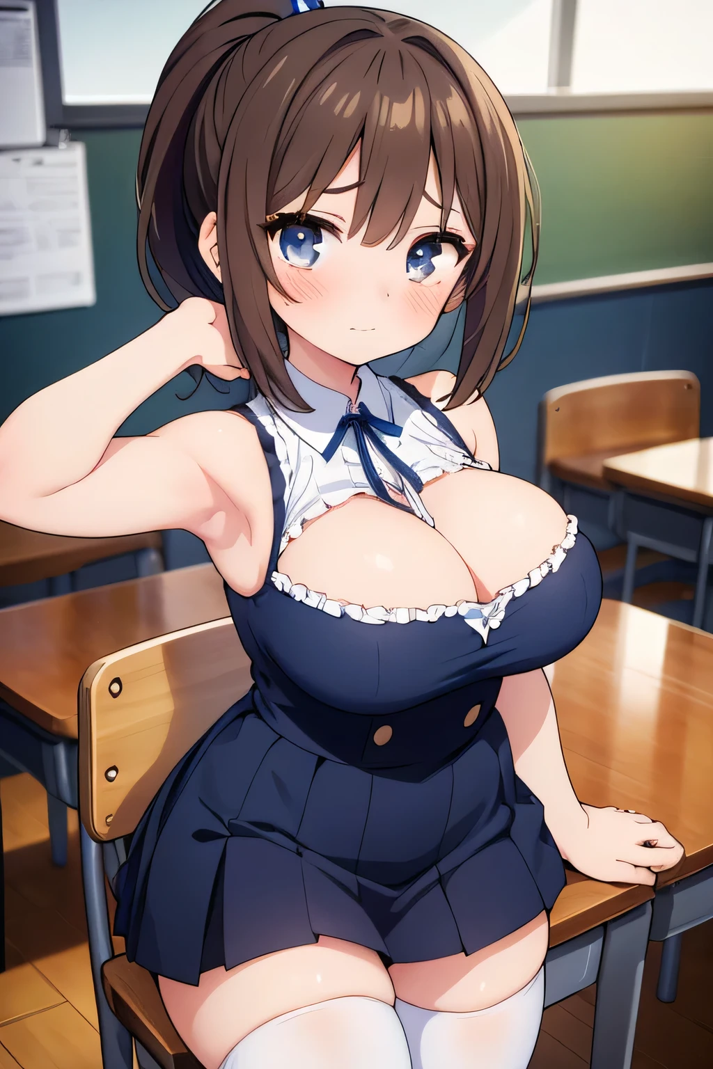 highest quality、High resolution、Detailed Background、(Beautiful face in every detail:1.4)、Anatomically correct、(Detailed facial expressions)、(Detailed eyes:1.2)、(Detailed eyes:1.2)、age beauty、(Highly detailed face:1.4)、Black Hair、Brown Hair、well-groomed eyebrows、(Huge breasts:1.3)、ponytail、Bobcut、cute hairstyle、Perfect body line、Attractive upper arms、Very excited、Very embarrassed look、Crying face、Blushing、Attractive look、Highlight your attractive armpits、Poses that show off shoulders and arms、Chest where clothes are about to tear、Clothes that seem to be bursting、
(A girl posing with her armpits exposed, looking at the camera with a shy look on her face:1.5)、
School classroom、Sit at a desk、JK Uniform、White sleeveless blouse、Navy blue pleated mini skirt、White Pantyhose、cute