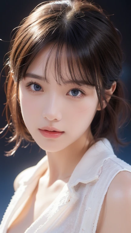 masterpiece, best quality, Super detailed, Facing the camera, very detailed very detailed, Practical, Distinctive features, Very detailed, Clear focus, Perfect face, Perfect face, Perfect eyes with perfect symmetry, Perfect plump lips, Flexible female form, Movie, lamp, Super detailed, hyper Practical, masterpiece, atmosphere, high resolution, Full of energy, 动态工作室lamp光, National Foundation, ((Dark background)), Sexy face, Happy facial expressions, Straight bangs, Large Breasts, Naked Groove, blue eyes,pajamas,Excellent figure、Wet vest、Not worn、Not worn、Focus on your nipples
