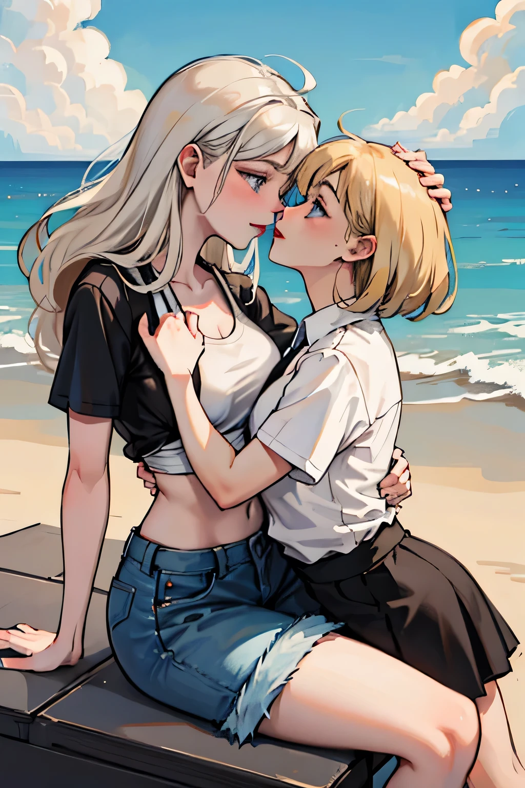 Amazing portrait of a cute woman with short blonde hair in a messy bob and heavy eyeliner emphasizing her ocean blue eyes with a deep blush across her pale face and her soft pink lips parted in anticipation of a kiss she wears a tight white t shirt that is hugging her perfect body showing off her medium chest and curvy hips which is tucked into a denim miniskirt that shows off her wide waist as she sits on her bed intimately