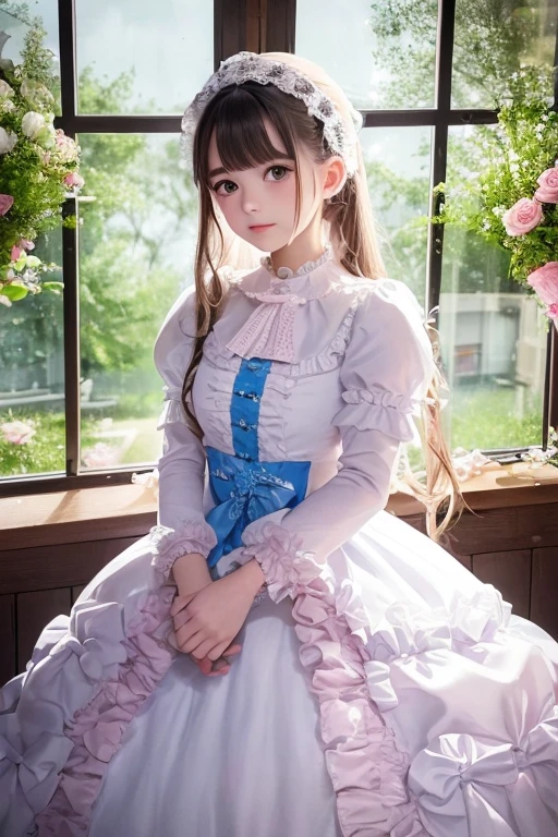 photo of, attractive 18-year-old girl, stylishly dressed in detailed Lolita fashion dress, light pink with white and blue accents, frills, bows, lace, puffy crinoline skirt with long trains and ribbons, braided hair with flowers and ribbons, standing in front of a window overlooking the street, holding a bouquet of pink, blue, and white flowers, tender, romantic and stylish atmosphere, Lolita style details and decorations, soft lighting, shallow depth of field