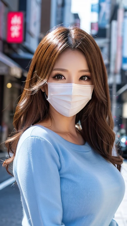 (Cowboy Shot、highest quality、8k、Award-winning works、Ultra-high resolution)、One beautiful woman、(The perfect and most natural red long sleeve casual sweatshirt:1.1)、(blonde:1.1)、Bright color contacts、Perfect Makeup、(Very heavy makeup:1.2)、(Deep pink around the eyes:1.1)、Beautiful bright eyeshadow、Heavy makeup around the eyes、(Huge breasts:1.2)、Very long wavy hair、(Romantic affection:1.1)、The best smile when you see me、(Most of them emphasize the body line.:1.1)、(Strongly blurred vibrant Harajuku city background:1.1)、(Strongly blurred background:1.1)、Accurate anatomy、Ultra HD Hair、Ultra-high definition beauty face、Ultra HD Hair、Ultra-high definition sparkling eyes、輝くUltra-high resolutionの美肌、(((White masks to protect against coronavirus)))、
