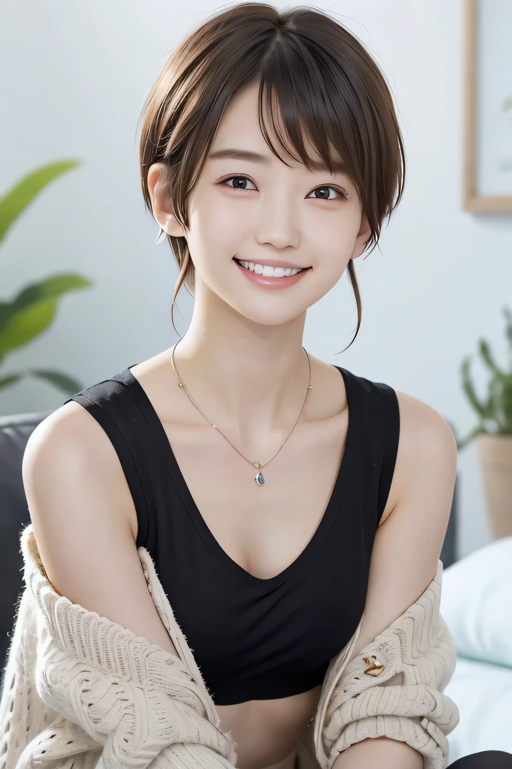 205 ((short hair)), 20-year-old female, In underwear、cardigan、Open your mouth、smile、Beautiful teeth alignment、Black Hair、ear piercing、Necklace around the neck、Looking into the camera, Waiting for the start