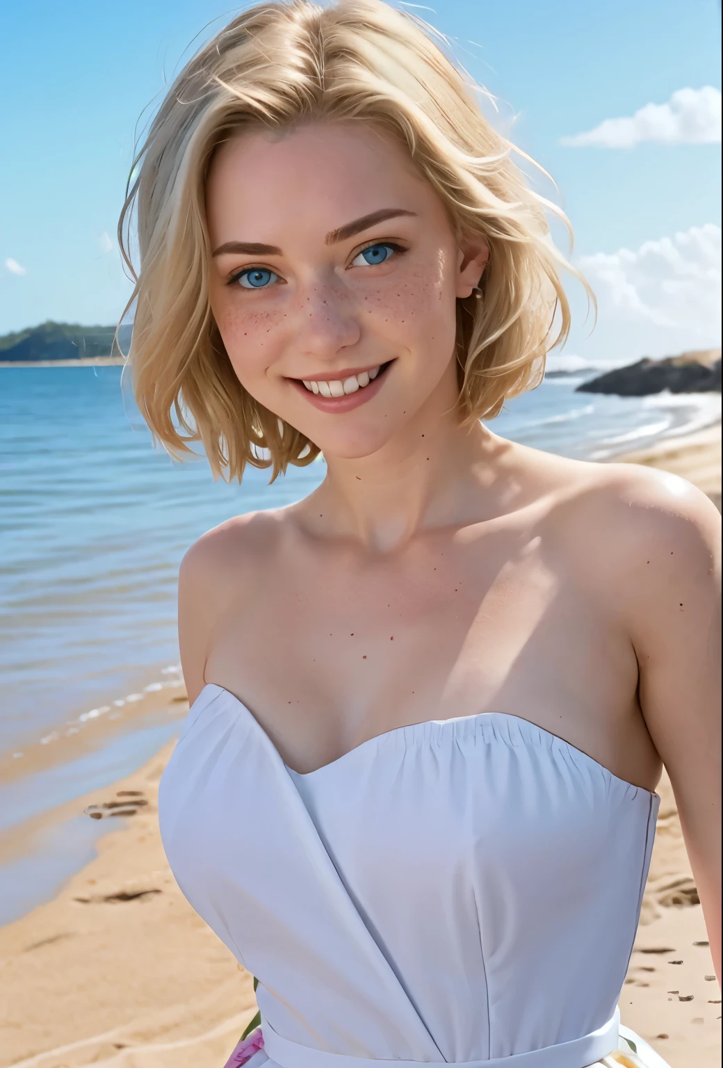 A 21-year-old girl named Kate with short blonde hair, beautiful medium-sized breasts, and a height of 1.60 meters. She has a British white style and light blue eyes. Kate is beautiful, with an angelic face and freckles around her nose. She is wearing a short, strapless dress with a fitted bodice and a flared skirt. This style highlights Kate's shoulders and waist. The dress has a cheerful and eye-catching white print. The neckline is a sweetheart strapless design, adding a romantic and elegant touch to the dress. Kate is at the beach, shown in a front portrait, flirting with the camera and smiling, with the sea in the background on a beautiful day with a cinematic sunset.