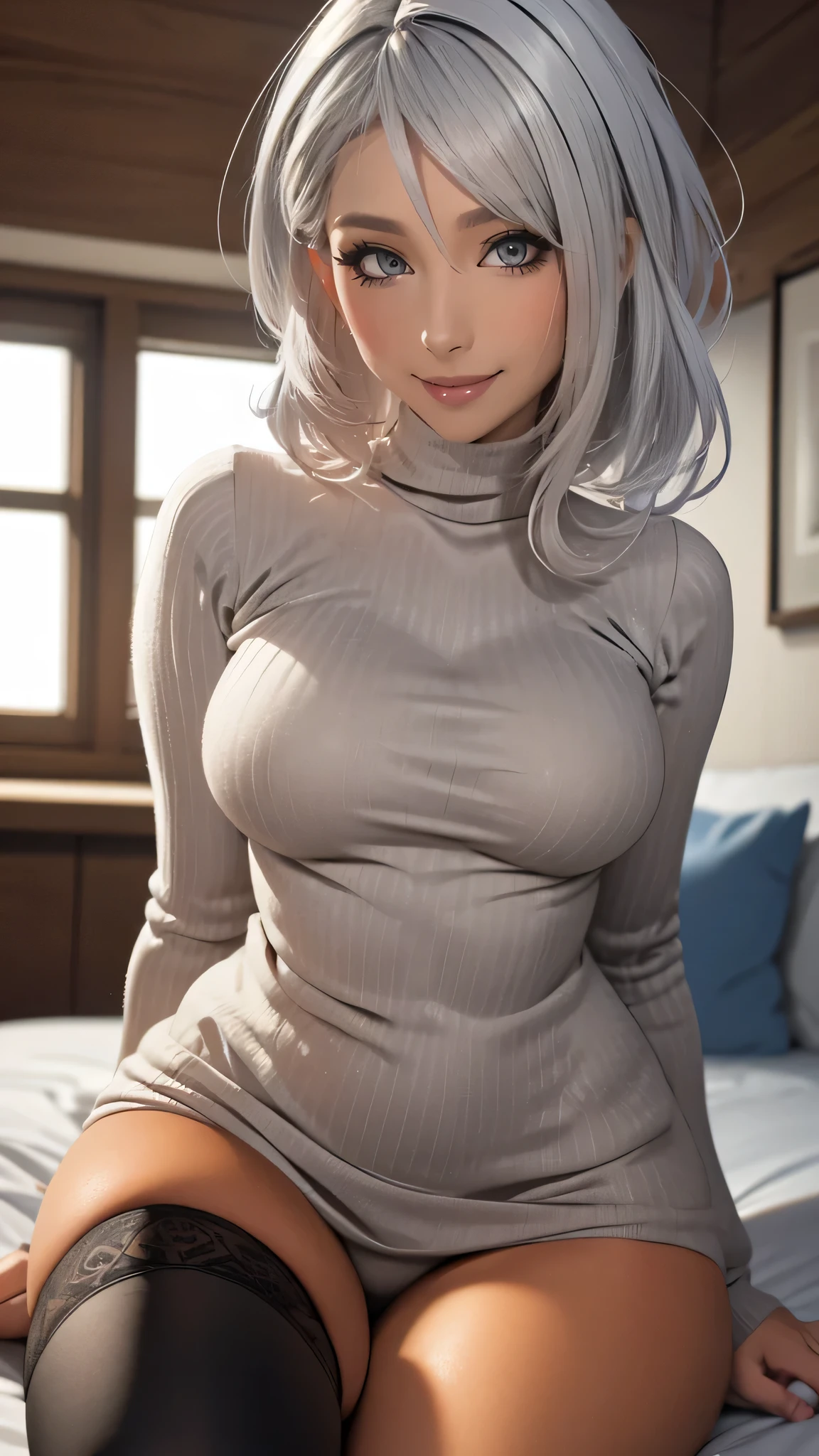 from below,(sweater,tight mini skirt,stockings,Engineer boot),(random pose),silver hair,(tanned skin:1.5),(Thin type:1.8),(big breasts),(random hairstyle),(Highest image quality,(8k),ultra-realistic,best quality, high quality, high definition, high quality texture,high detail,beautiful detailed,fine detailed,extremely detailed cg,detailed texture,a realistic representation of the face,masterpiece,Sense of presence)