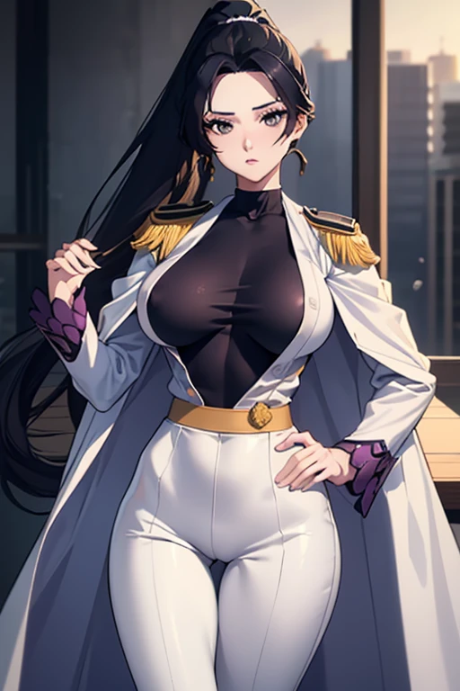 masterpiece, best quality, woman, black eyes, folded ponytail, white long coat, coat on shoulders,white navy soldier uniform ,epaulettes, purple shirt, blue pants, upper body, looking at viewer, large breasts, ocean, city ,(hd), (full body shot), (high resolution)