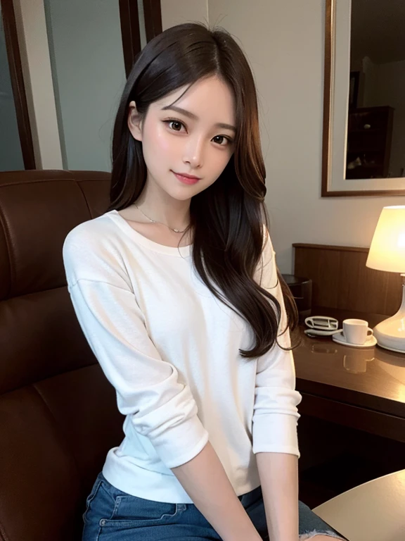 masterpiece, highest quality, High resolution,alone,Brown,artistic,Best lighting,casual,Flat Chest,Beautiful Face,expensive,smile,light makeup,Age 22,Calm woman,Detailed Hair,Laughing woman,Face Focus,Wavy Hair,Woman in jeans,Very white skin,Thin eyebrows,