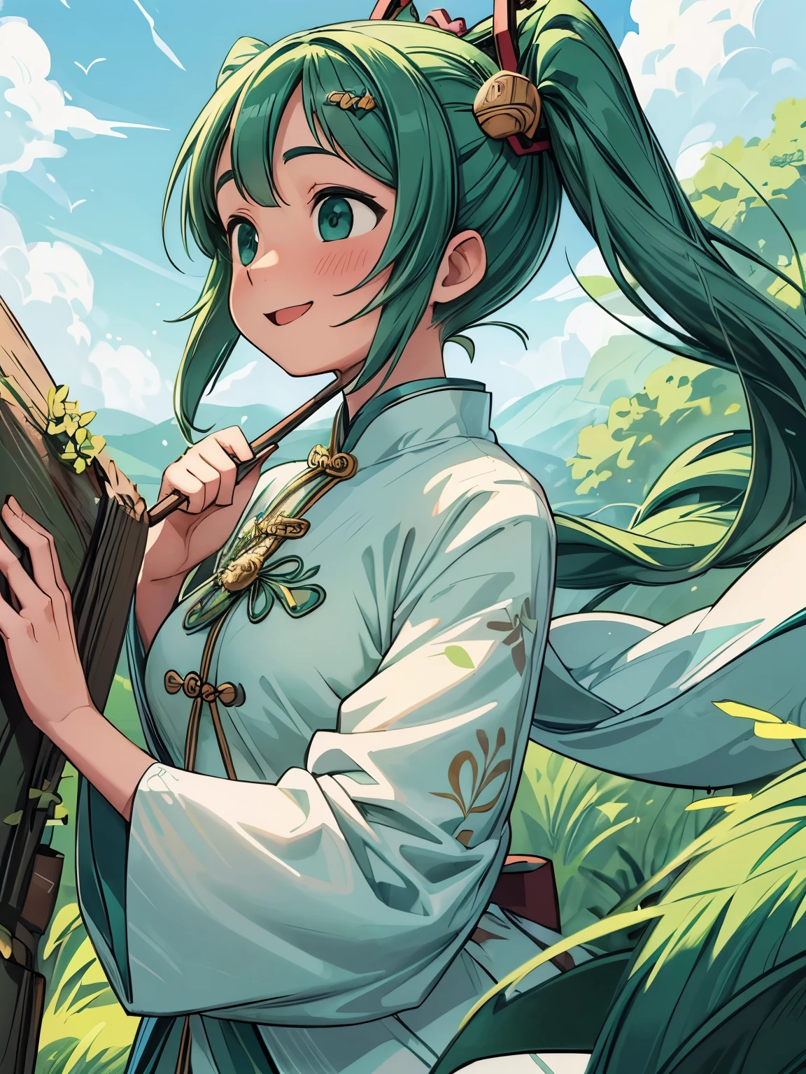 (masterpiece、highest quality、highest quality、Official Art、Beautiful and beautiful:1.2)、(One girl:1.3)Hatsune Miku、Twin tails,Big Breasts,20-year-old women、Green Hair、Long Hair、Green Eyes、Dragon Horn、Golden hair ornament、White Chinese clothing、Jump、smile、Dragon and Chinese clouds in the background