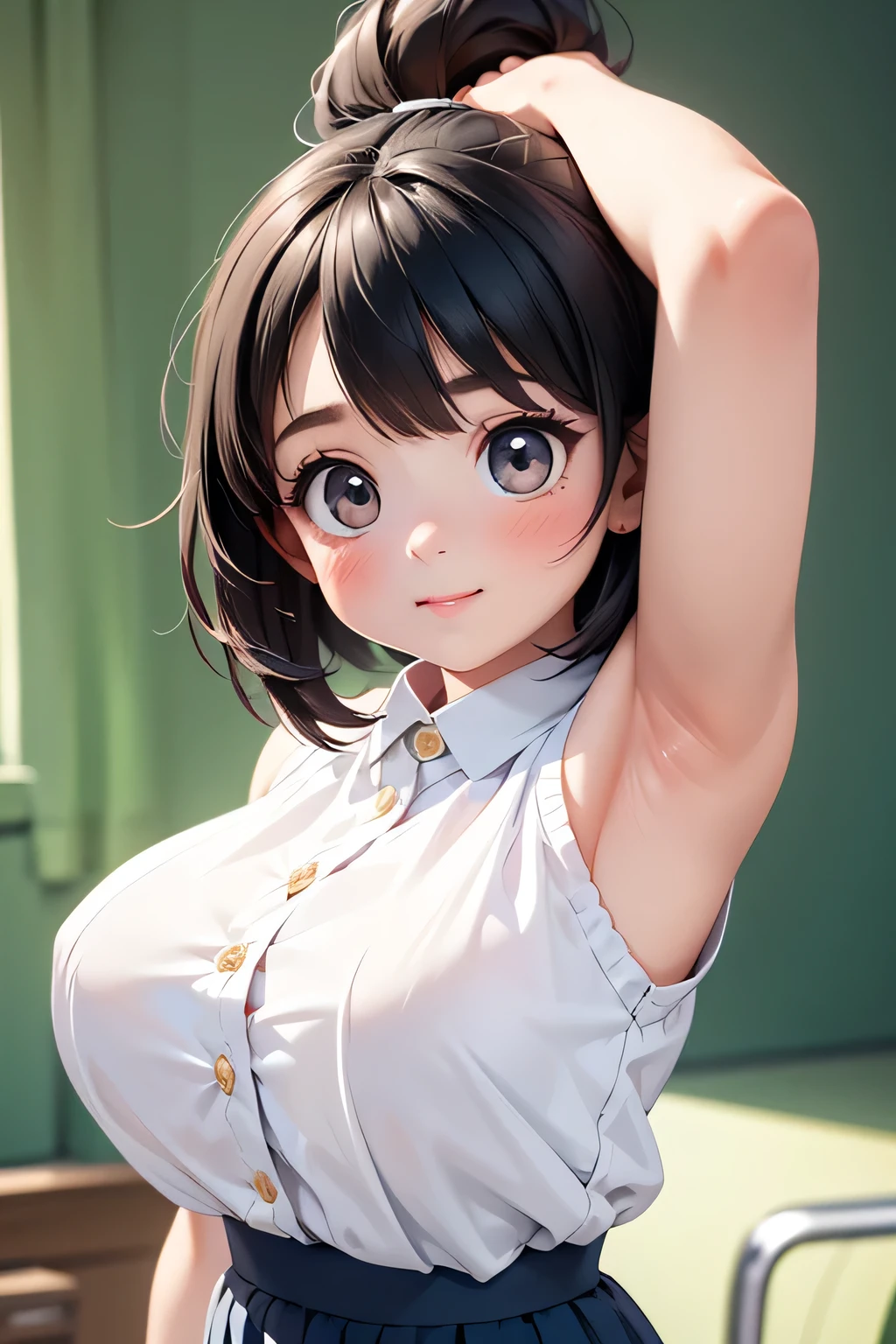 highest quality、High resolution、Detailed Background、(Beautiful face in every detail:1.4)、Anatomically correct、(Detailed facial expressions)、(Detailed eyes:1.2)、(Detailed eyes:1.2)、Teenage beauty、(Highly detailed face:1.4)、Black Hair、Brown Hair、well-groomed eyebrows、(Huge breasts:1.3)、ponytail、Bobcut、cute hairstyle、Perfect body line、Attractive upper arms、Very excited、Very embarrassed look、Crying face、Blushing、Attractive look、Highlight your attractive armpits、Poses that show off shoulders and arms、Chest where clothes are about to tear、Clothes that seem to be bursting、

(A girl posing with her armpits exposed, looking at the camera with a shy look on her face:1.5)、

School classroom、Sit at a desk、JK Uniform、White sleeveless blouse、Navy blue pleated mini skirt、White Pantyhose、cute