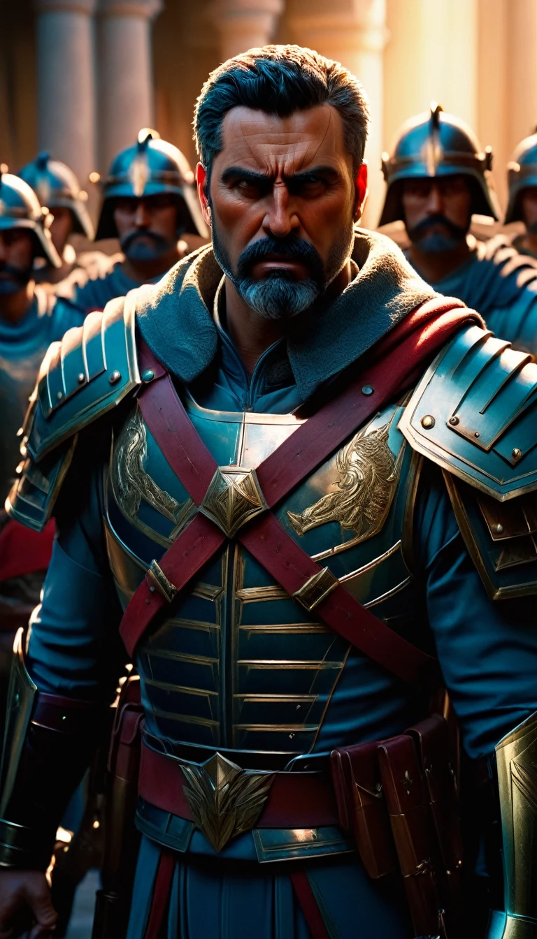 Full body, Darius III, surrounded by his loyal army of guards, detailed face, detailed face expressions, natural face expressions, face in detail, asymmetrical faced, fair and smooth skin, detailed hands, detailed fingers, masterpiece, cinematic lighting, physically based rendering, lens flare, award winning rendering, perfect rendering detail, 8K, realism, detailed background, everything in detail, cinematic shot, dynamic lighting, 75mm, Technicolor, Panavision, cinemascope, fine details, 8k, HDR, realism, realistic, key visual, film still, superb cinematic color grading, depth of field,