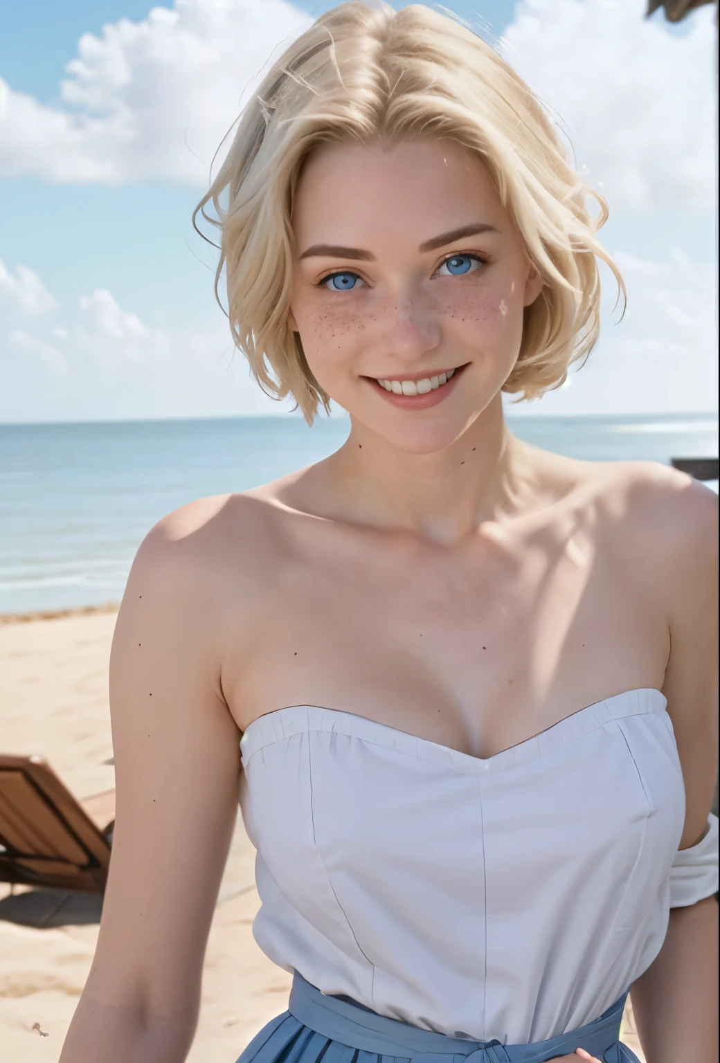 A 21-year-old girl named Kate with short blonde hair, beautiful medium-sized breasts, and a height of 1.60 meters. She has a British white style and light blue eyes. Kate is beautiful, with an angelic face and freckles around her nose. She is wearing a short, strapless dress with a fitted bodice and a flared skirt. This style highlights Kate's shoulders and waist. The dress has a cheerful and eye-catching white print. The neckline is a sweetheart strapless design, adding a romantic and elegant touch to the dress. Kate is at the beach, shown in a front portrait, flirting with the camera and smiling, with the sea in the background on a beautiful day with a cinematic sunset.