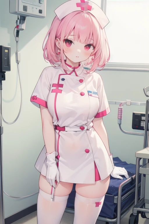 1girl, solo, nurse, nurse cap, white wear, ((white legwear, zettai ryouiki)), white gloves, pink hair,  drooping eyes, ((covered nose)), standing, ((hospital room)), sharp outline, short sleeves, best quality, masterpiece，Fleshy，Red eyes，Fleshy