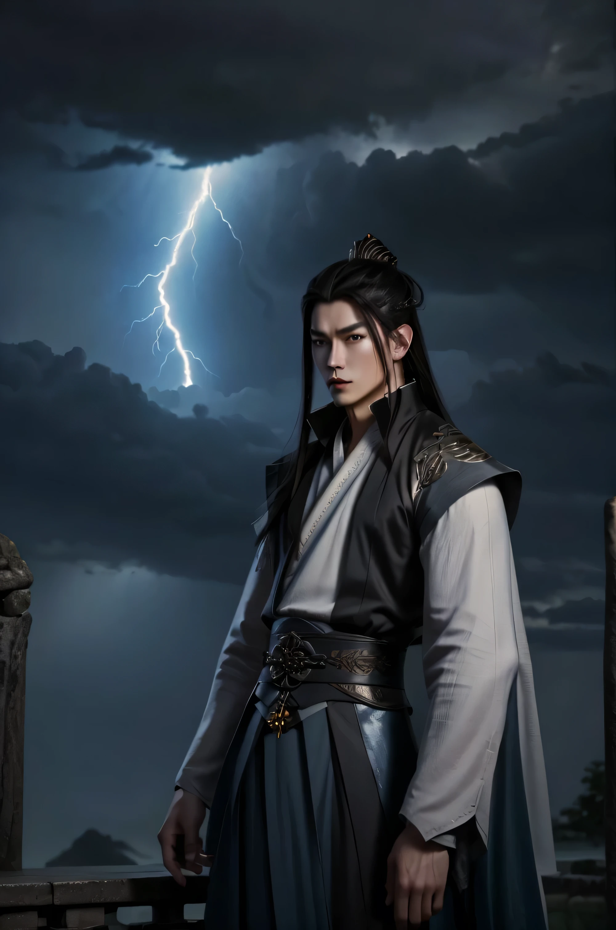 Chinese (((MAN))) caster with long black hair, xianxia fantasy, background night thunderstorm lightning in the sky