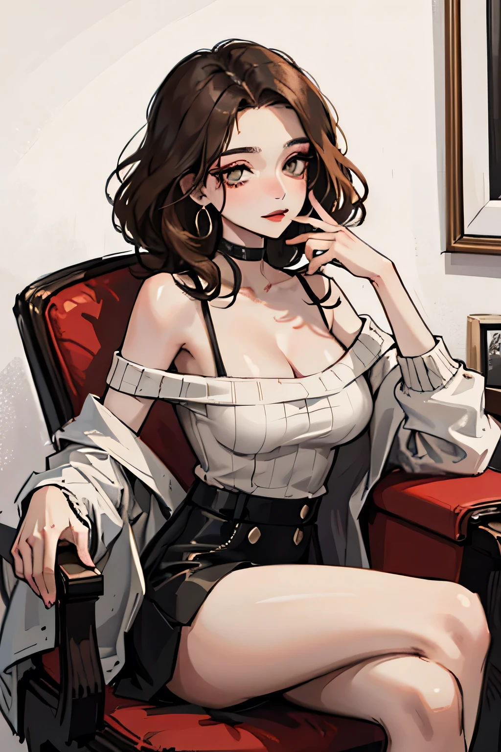 Amazing portrait of a sexy woman with a feral look in her eyes as she's sitting back in her chair with one leg crossed over the other wearing an oversized sweater that is showcasing her bare shoulders and her cleavage her brown hair is curly and messy and her makeup is elegant and sexy wearing elegant earrings and the overall atmosphere is intimate