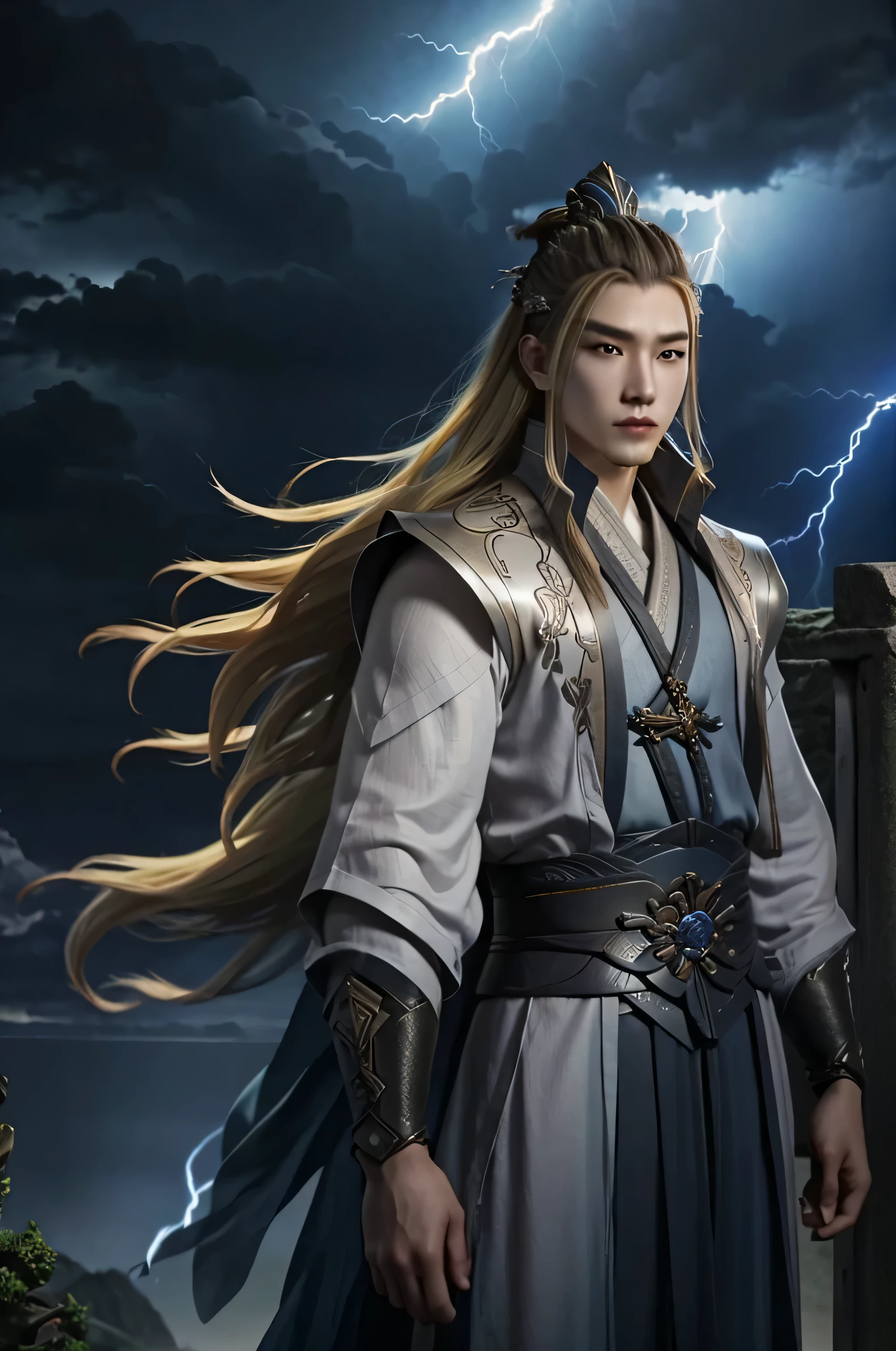 Chinese (((MAN))) caster with long ((blonde)) hair, xianxia fantasy, background night thunderstorm lightning in the sky