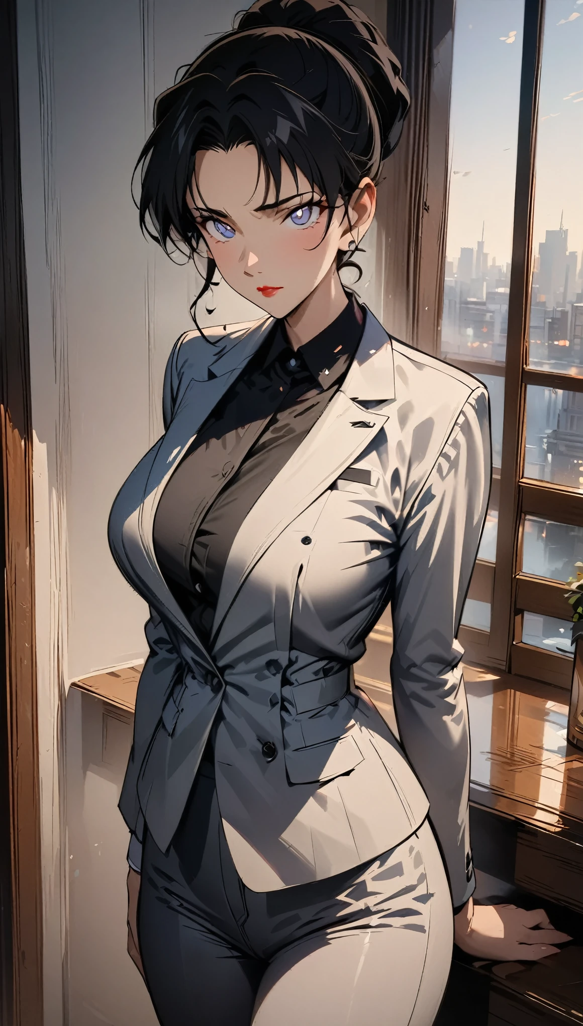 (best quality, High resolution, masterpiece:1.2), black hair, Beautiful woman, delicate eyes, Detailed lips, Suit, Single picture, Anime style