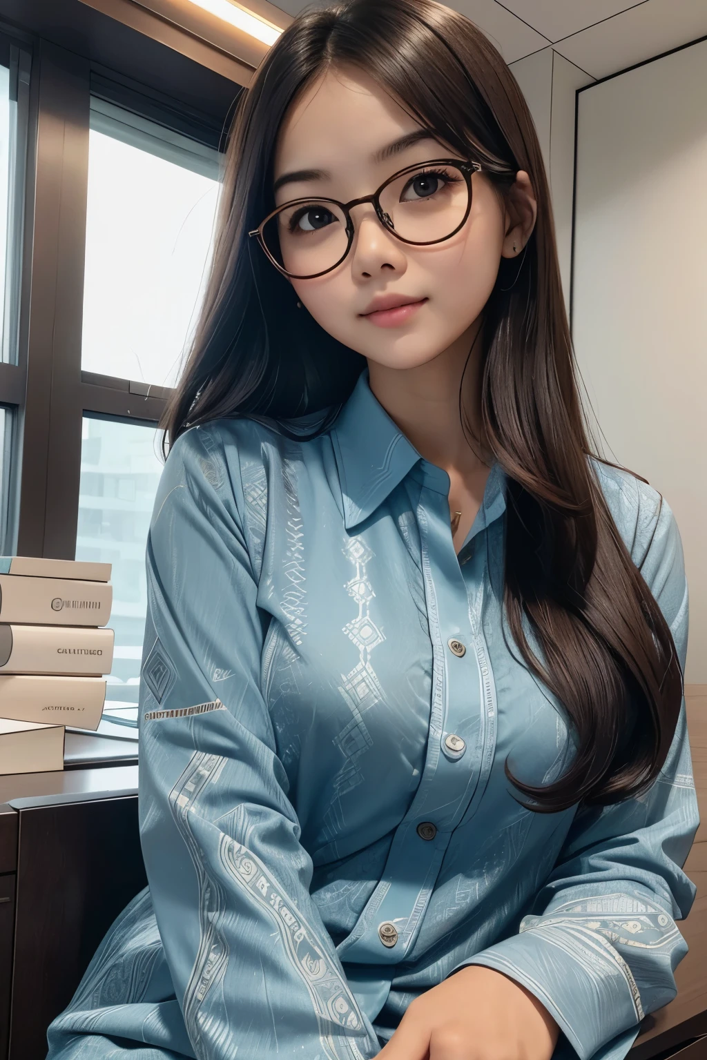 detailed face of photo. 20 year old white skin slim body Indonesian girl with a sweet  face,   round face chubby face and long brown wavy hair, round glasses wearing long sleeved dark blue formal shirt with batik pattern sitting in luxury office 