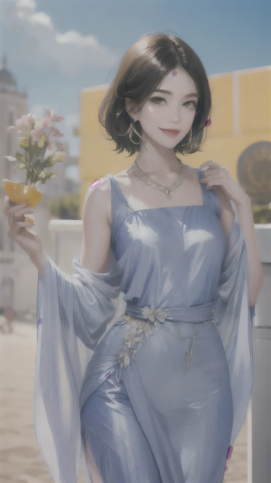 234 20-year-old female, short hair, Summer travel magazine, A kind smile, lipstick, Photo quality