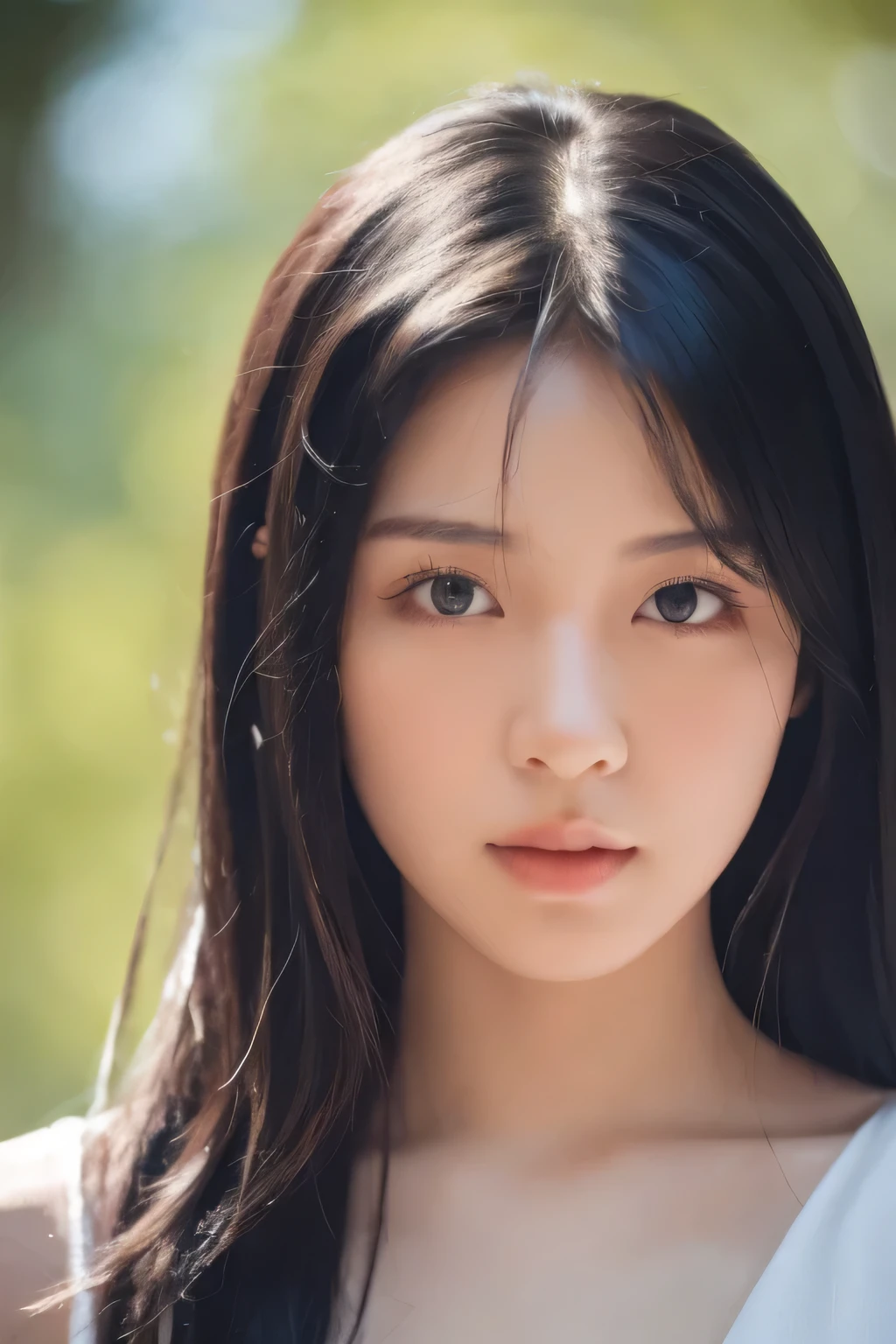 One beautiful girl,Black Hair,Gaze Here,White dress,White background,The sun shines in,Sad look,Holding a single flower in your hand