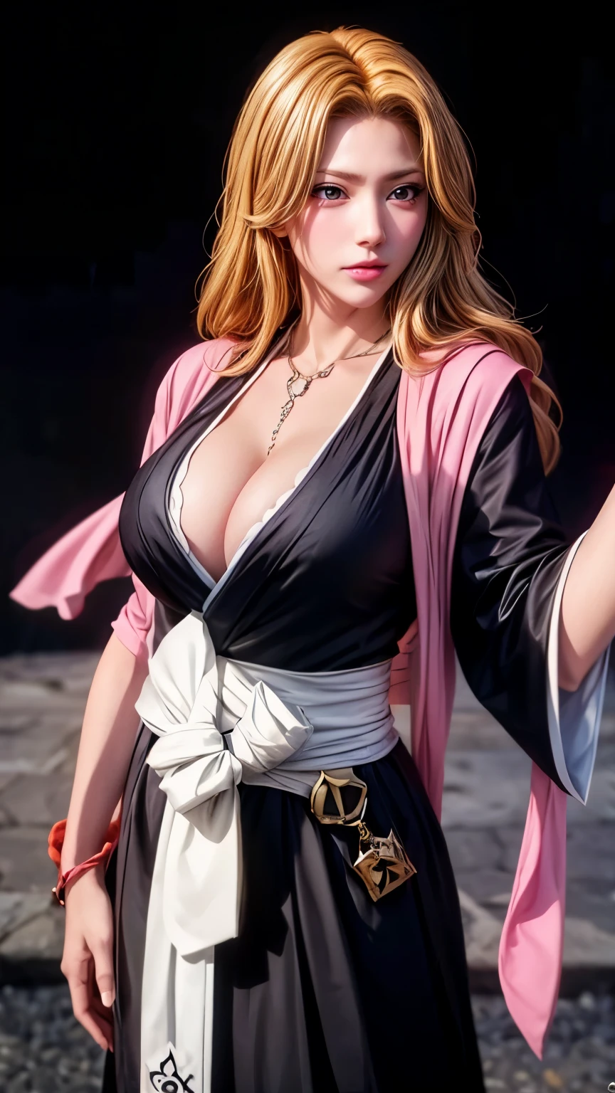 （（（完美shape，shape，alone， （（（kimono,necklace, Black kimono, sash,Peach red shawl ））），（（（Rangiku Matsumoto,matsumoto rangiku, long wavy golden hair，A black mole on the lip,））），((masterpiece)),High resolution, ((Best quality at best))，masterpiece，quality，Best quality，（（（ Exquisite facial features，Looking at the audience,There is light in the eyes，(（（lol，confidence））)，））），型shape:1.7））），（（（Light and shadow，Huge breasts））），（（（Looking into the camera，Black background，）））